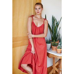 EMERSON FRY Red Swiss Dot India Ruffle Tie Strap V Neck Slip Midi Sun Dress XS/S